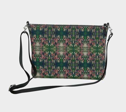 "Summer"Marsh Flowers"  Vegan Leather Crossbody Purse (Green, Pink)